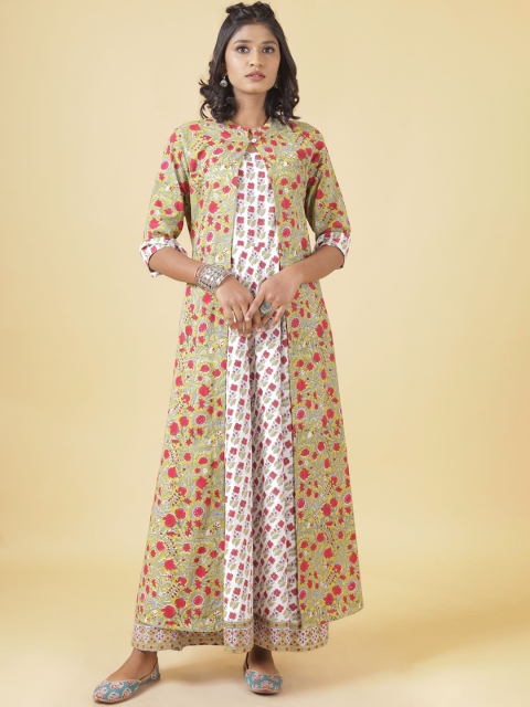 

Shuddhi Women White & Green Printed Cotton A-Line Ethnic Dresses with Coat
