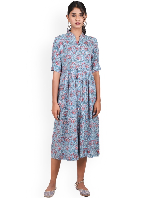 

Shuddhi Women Blue & Red Floral Keyhole Neck A-Line Maxi Dress