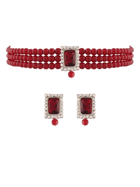 

I Jewels Women Rhodium-Plated Maroon & White Stone Studded Jewellery Set