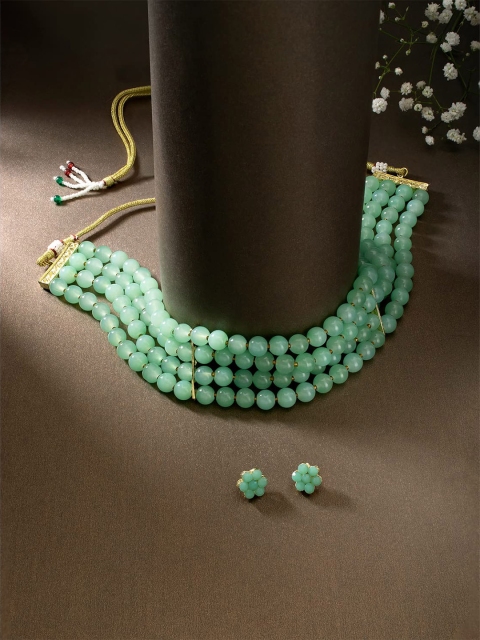 

I Jewels Gold-Plated Green Pearl Beaded Jewellery Set