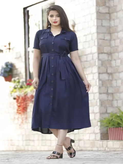 

IQRAAR Women Navy Blue Shirt Midi Dress