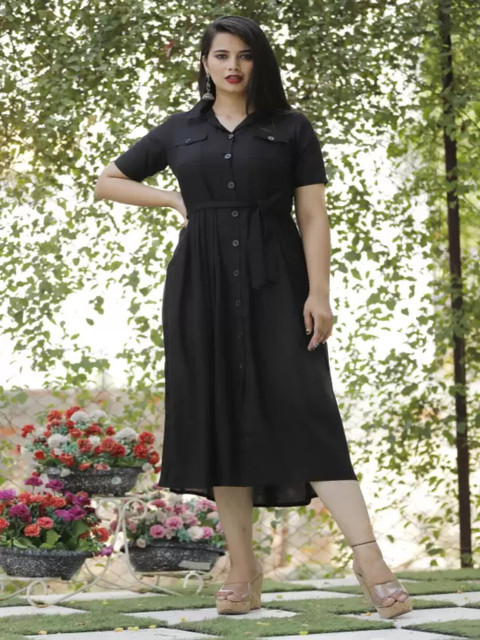

IQRAAR Women Black Shirt Midi Dress