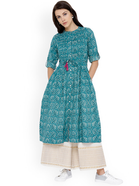 

Vishudh Women Teal Blue Printed A-Line Kurta