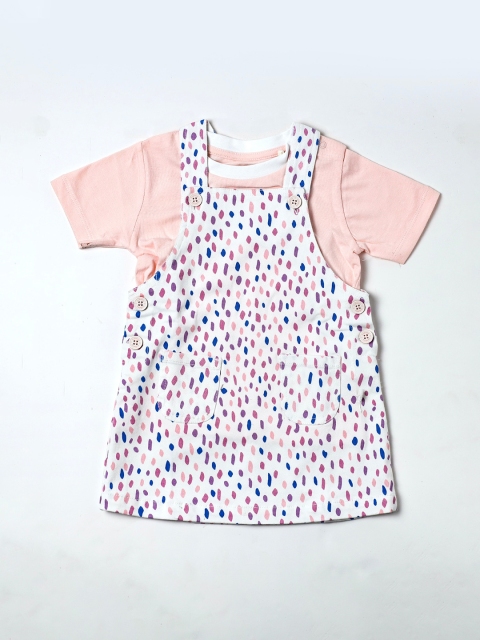 

Nuberry Infant Girls White & Peach Printed Pure Cotton Dungarees With T-Shirt