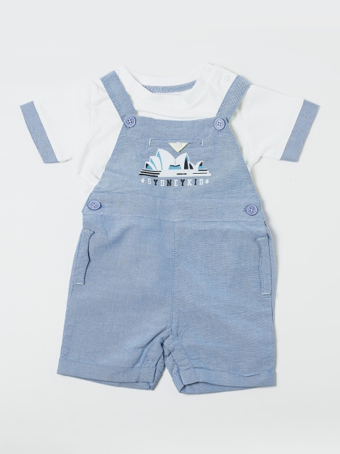 

Nuberry Boys Blue Cotton Printed Dungaree With Striped T-shirt