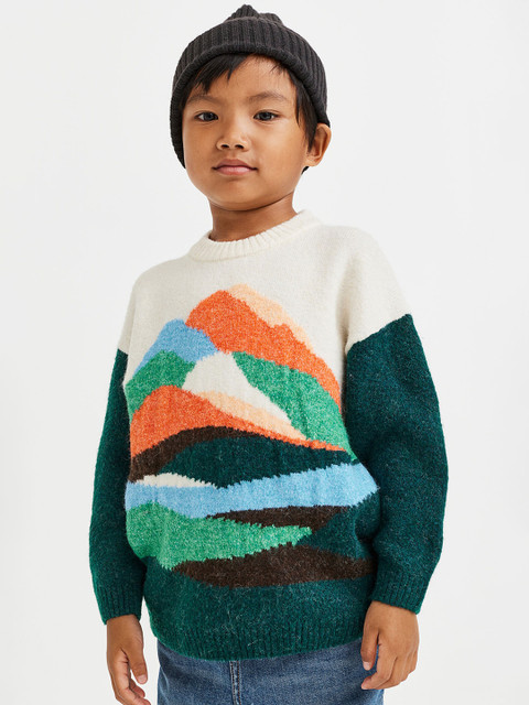 

H&M Boys Green & White Oversized Jacquard-Knit Jumper