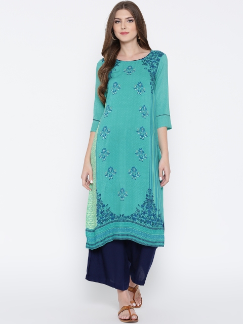 

AURELIA Women Sea Green & Blue Printed Straight Kurta