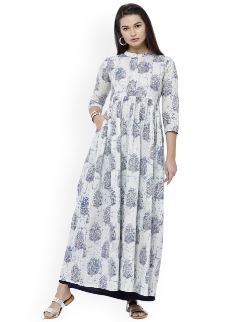 

Vishudh Women White & Blue Printed A-Line Kurta