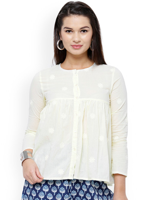 

Vishudh Women Cream-Coloured Embroidered Pure Cotton Top