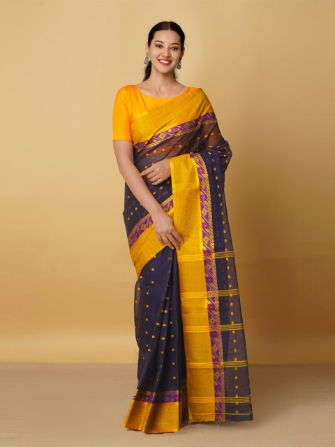 

Unnati Silks Navy Blue & Yellow Woven Design Zari Pure Cotton Taant Saree