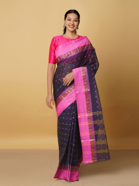 

Unnati Silks Woman Pure Handloom Bengal Taant Cotton Saree, Navy blue