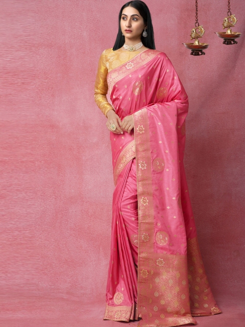 

Unnati Silks Pink & Gold-Toned Woven Design Zari Silk Blend Banarasi Saree