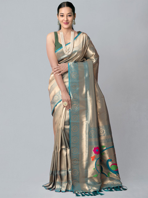 

Unnati Silks Blue & Gold-Toned Ethnic Motifs Zari Banarasi Saree