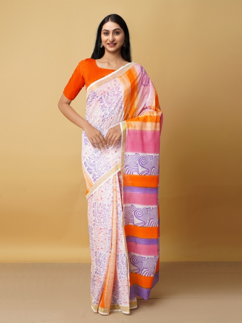

Unnati Silks White & Purple Ethnic Motifs Zari Pure Cotton Venkatgiri Saree