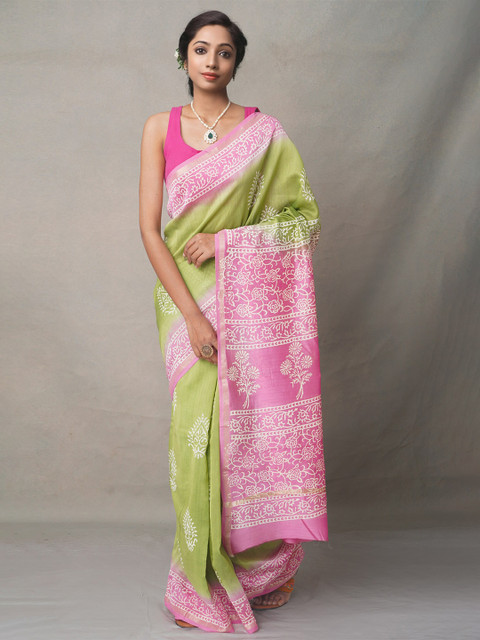 

Unnati Silks Green & Pink Ethnic Motifs Silk Cotton Bhagalpuri Saree