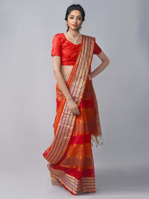 

Unnati Silks Red & Gold-Toned Striped Zari Silk Cotton Banarasi Saree