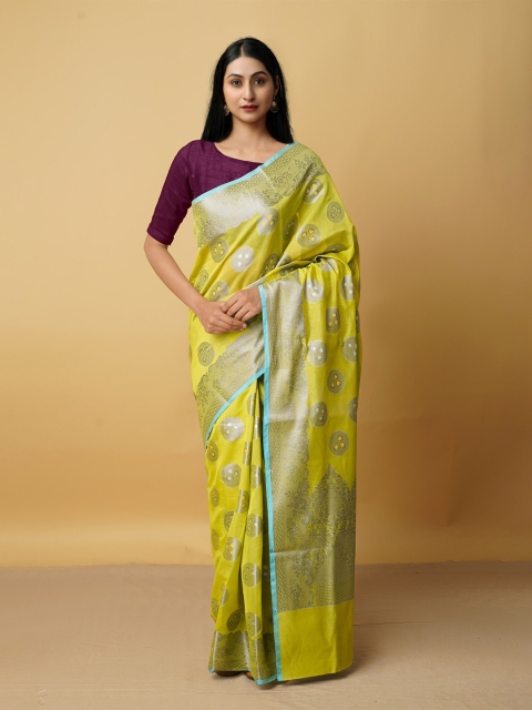 

Unnati Silks Green Floral Zari Silk Cotton Banarasi Saree