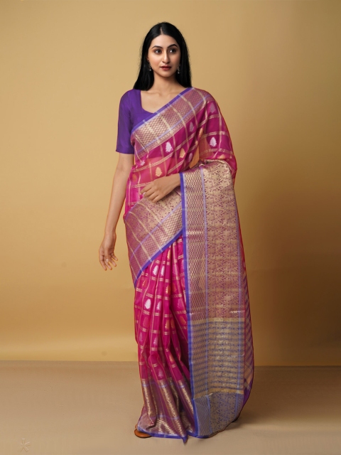 

Unnati Silks Pink & Blue Ethnic Motifs Zari Silk Cotton Banarasi Saree