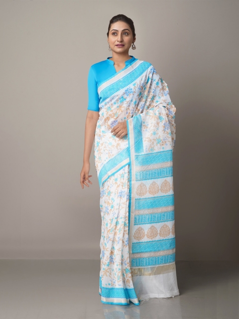

Unnati Silks Women White & Blue Ethnic Motifs Silk Cotton Bhagalpuri Saree
