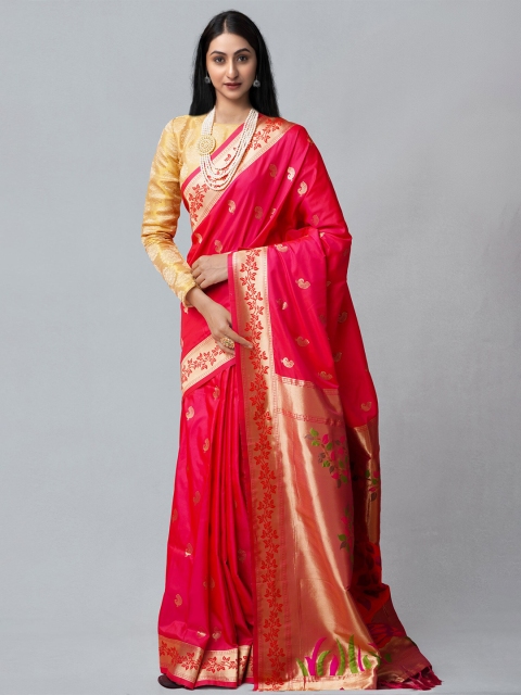 

Unnati Silks Red & Gold-Toned Woven Design Zari Silk Blend Banarasi Saree