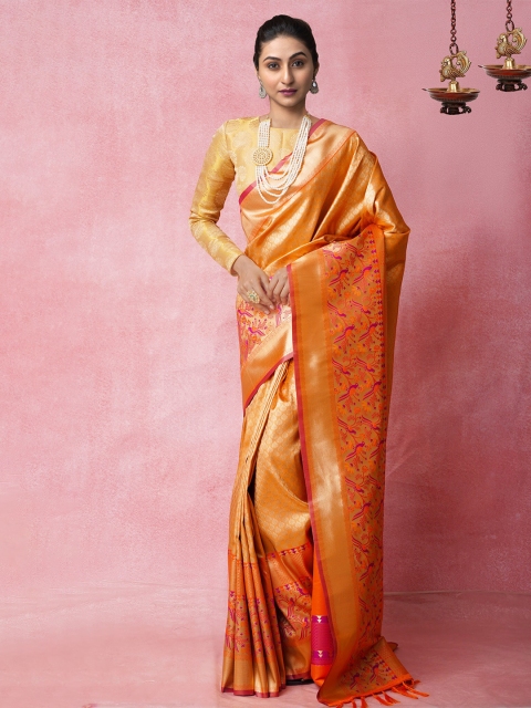 

Unnati Silks Orange & Gold-Toned Woven Design Zari Silk Blend Banarasi Saree