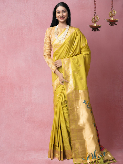 

Unnati Silks Lime Green & Gold Woven Design Zari Silk Blend Banarasi Saree