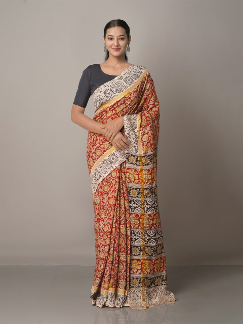 

Unnati Silks Red & Brown Kalamkari Pure Silk Block Print Saree