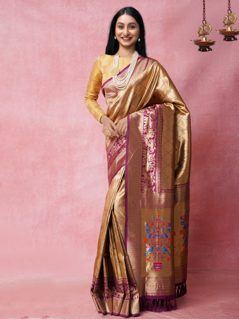 

Unnati Silks Gold-Toned & Blue Woven Design Zari Silk Blend Banarasi Saree