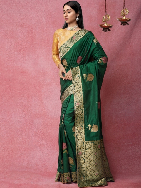 

Unnati Silks Green & Gold-Toned Floral Zari Silk Blend Banarasi Saree