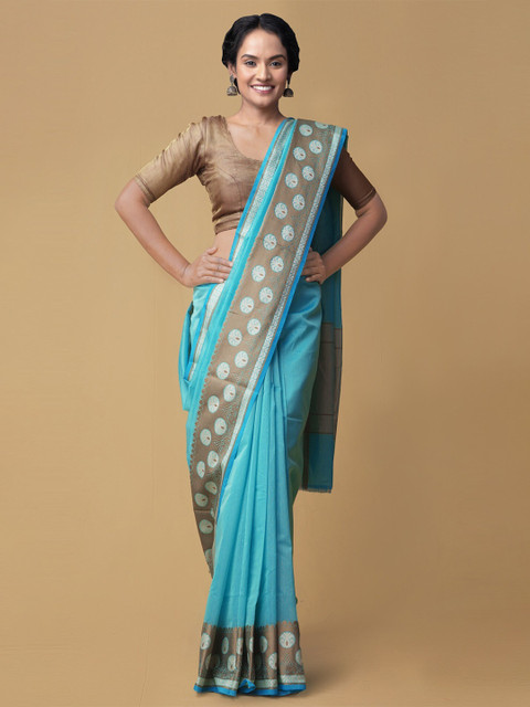 

Unnati Silks Blue & Grey Striped Silk Cotton Banarasi Saree