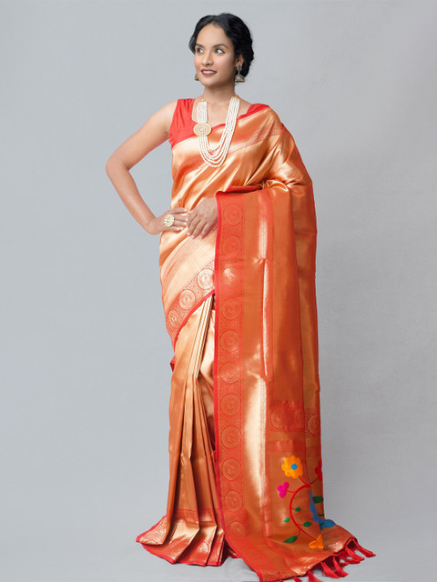 

Unnati Silks Orange & Yellow Zari Silk Blend Banarasi Saree