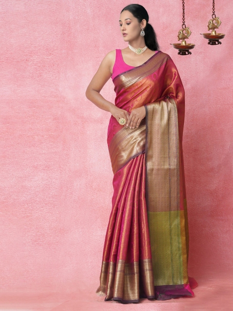 

Unnati Silks Pink & Green Ethnic Motifs Zari Silk Cotton Banarasi Saree