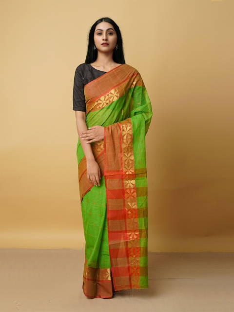 

Unnati Silks Green & Orange Woven Design Zari Pure Cotton Bhagalpuri Saree