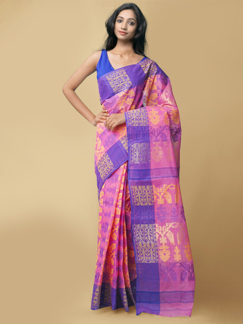 

Unnati Silks Pink & Blue Ethnic Motifs Pure Cotton Taant Saree
