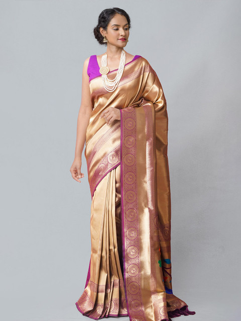 

Unnati Silks Gold-Toned & Purple Zari Silk Blend Banarasi Saree