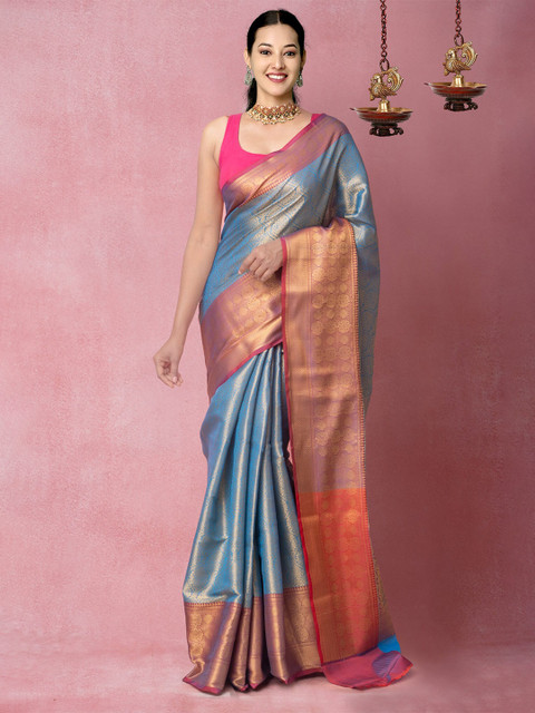 

Unnati Silks Blue & Gold-Toned Ethnic Motifs Zari Silk Cotton Banarasi Saree