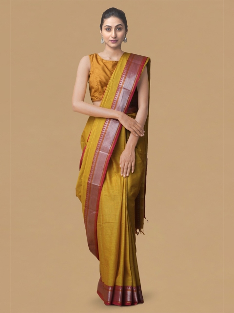 

Unnati Silks Mustard & Pink Woven Design Zari Pure Cotton Venkatgiri Saree