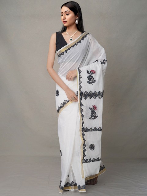 

Unnati Silks White & Black Kalamkari Zari Pure Cotton Kasavu Saree