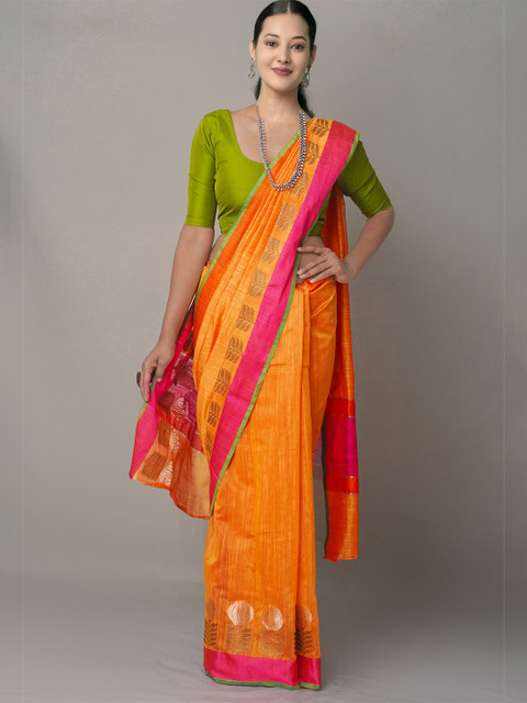 

Unnati Silks Orange & Pink Woven Design Zari Silk Blend Banarasi Saree