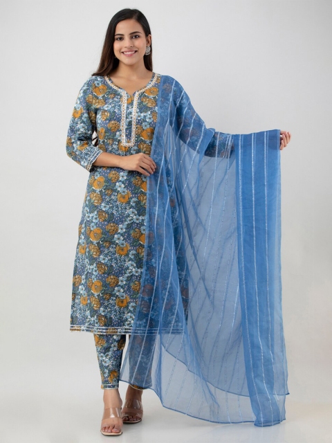 

Aawari Women Blue Floral Printed Beads and Stones Kurta with Trousers & With Dupatta