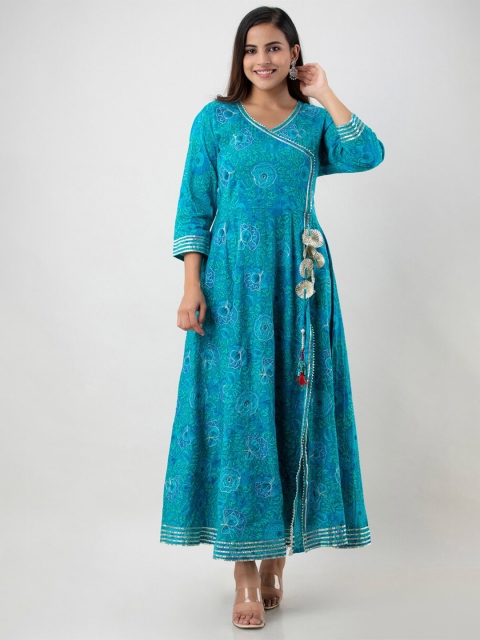

Aawari Women Turquoise Blue Floral Printed Anarkali Kurta