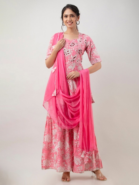 

Aawari Women Pink Floral Printed Kurta with Sharara & With Dupatta