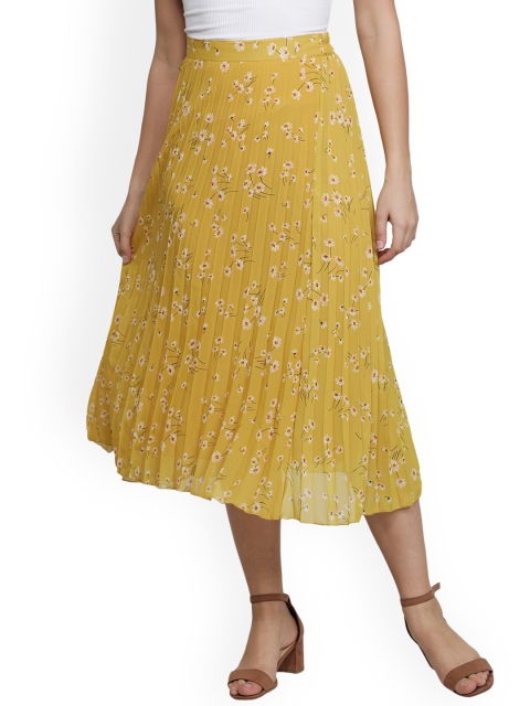 

NUEVOSDAMAS Women Yellow Floral Printed A-line Midi Skirt