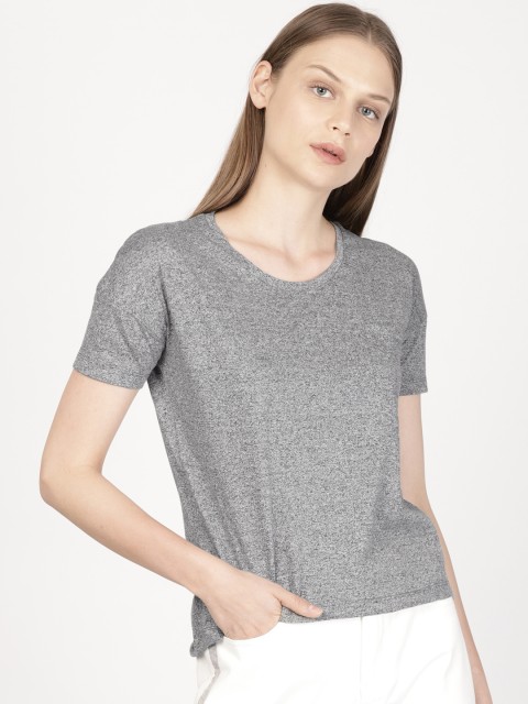 

ether Women Grey Melange Solid Round Neck T-shirt