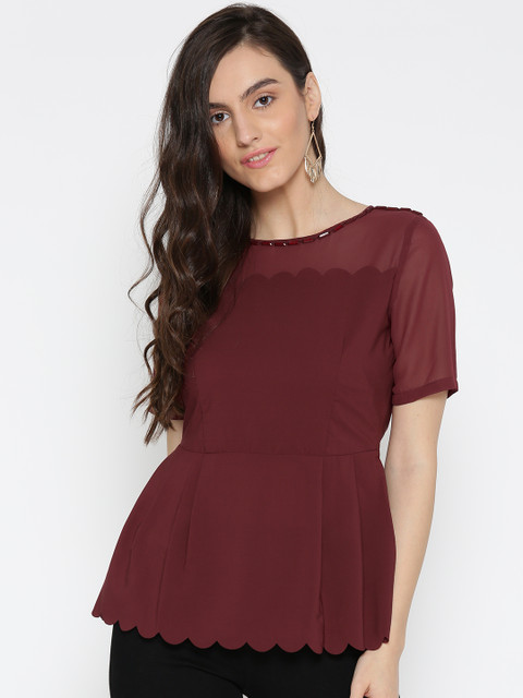 

Wills Lifestyle Women Maroon Solid Cinched Waist Top