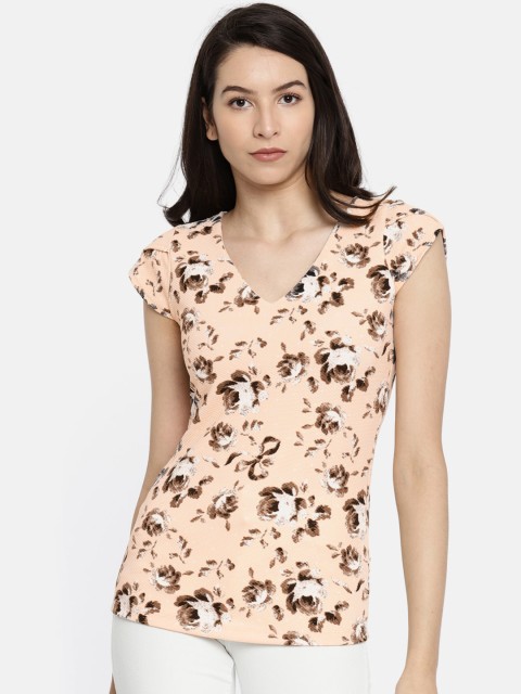 

Wills Lifestyle Women Peach-Coloured Floral Print Fitted Top