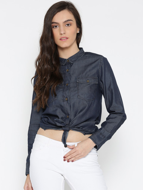 

Wills Lifestyle Women Blue Solid Denim Shirt