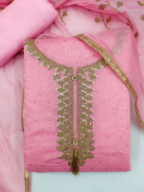 

mf Pink & Gold-Toned Embellished Unstitched Dress Material