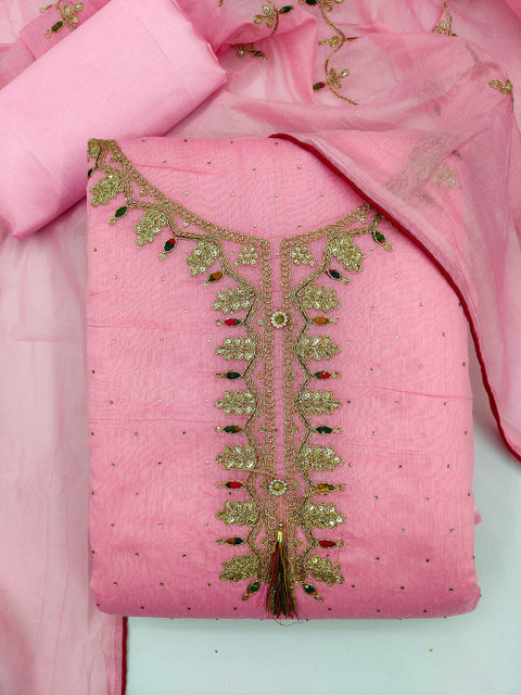

mf Pink & Gold-Toned Embellished Unstitched Dress Material