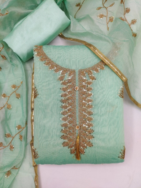 

mf Sea Green & Gold-Toned Embellished Unstitched Dress Material